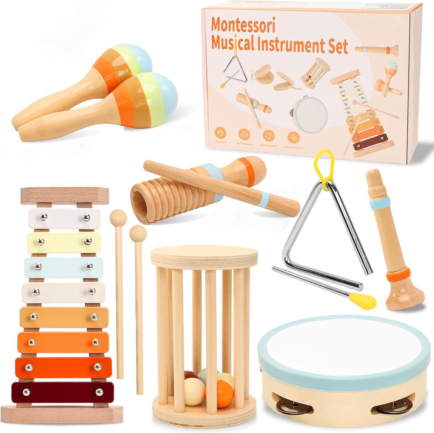 Bai Fen Bai Dolls And Toys Unisex Infant Baby Musical Instruments Wooden Toys Montessori Percussion Instruments Drut Set With Xylophone Preschool Educational Kids Gifts