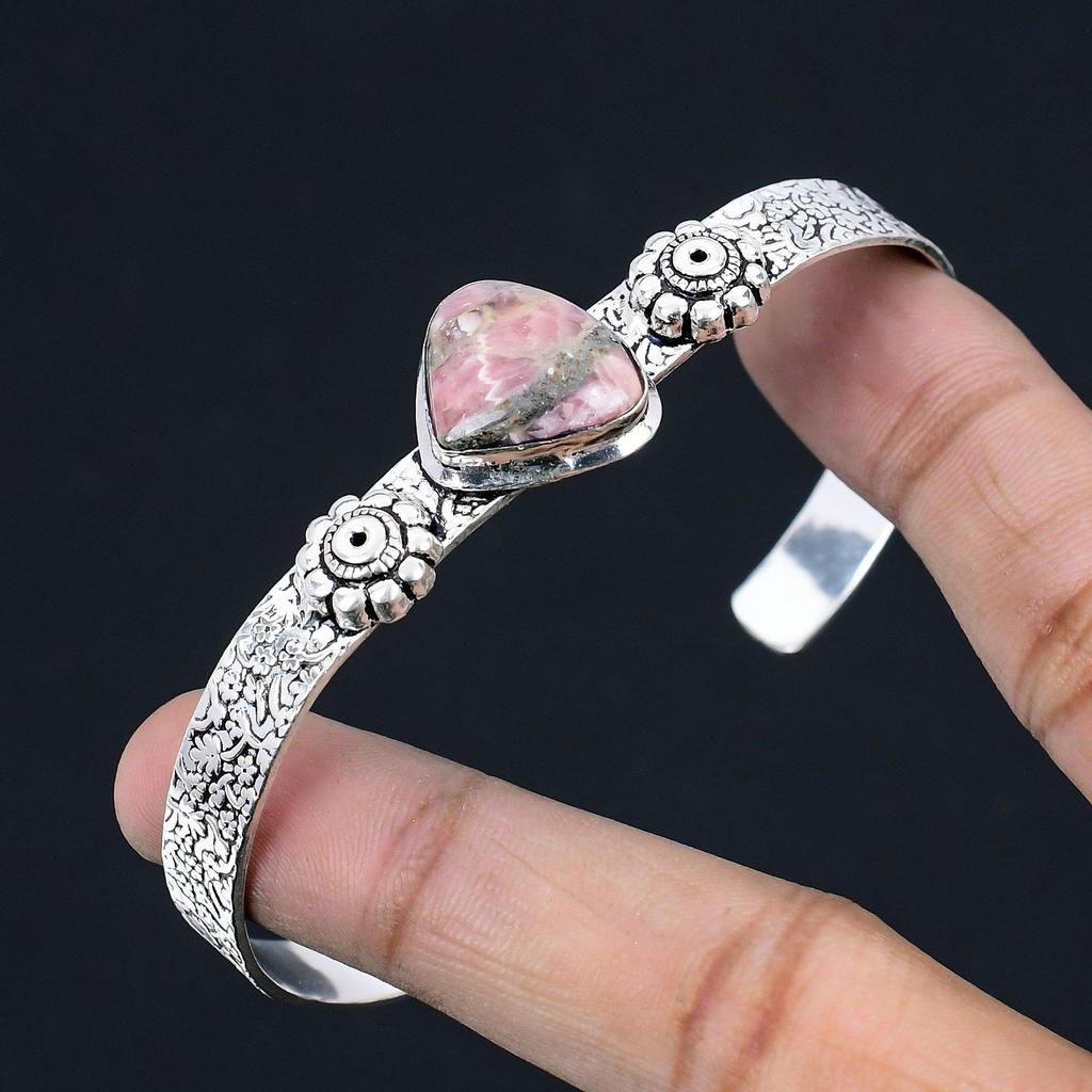 Heart Chakra Pear Rhodochrosite Stone Birthday Wife Bangle Jewelry 925 Silver