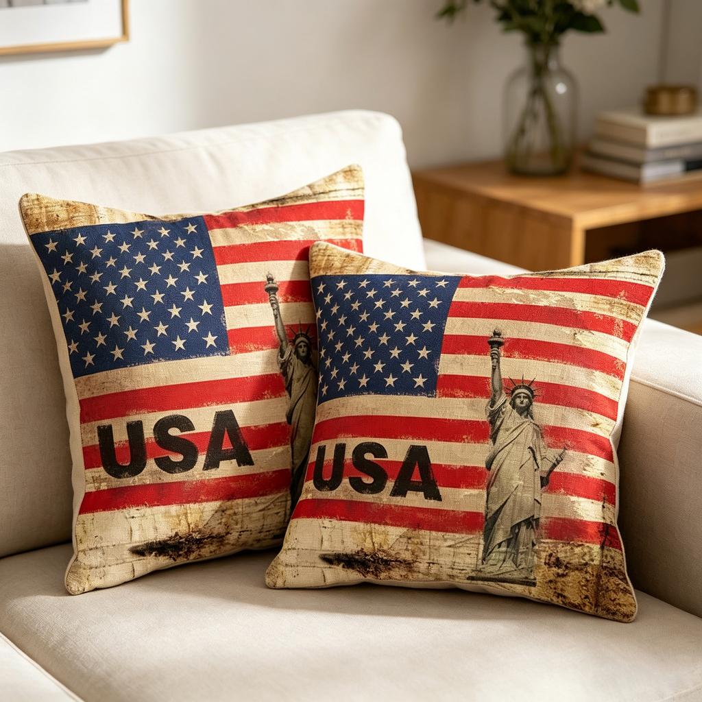 Vintage USA Flag & Statue of Liberty Throw Pillow Cover, Linen Cushion Cover for Patriotic Home Decor