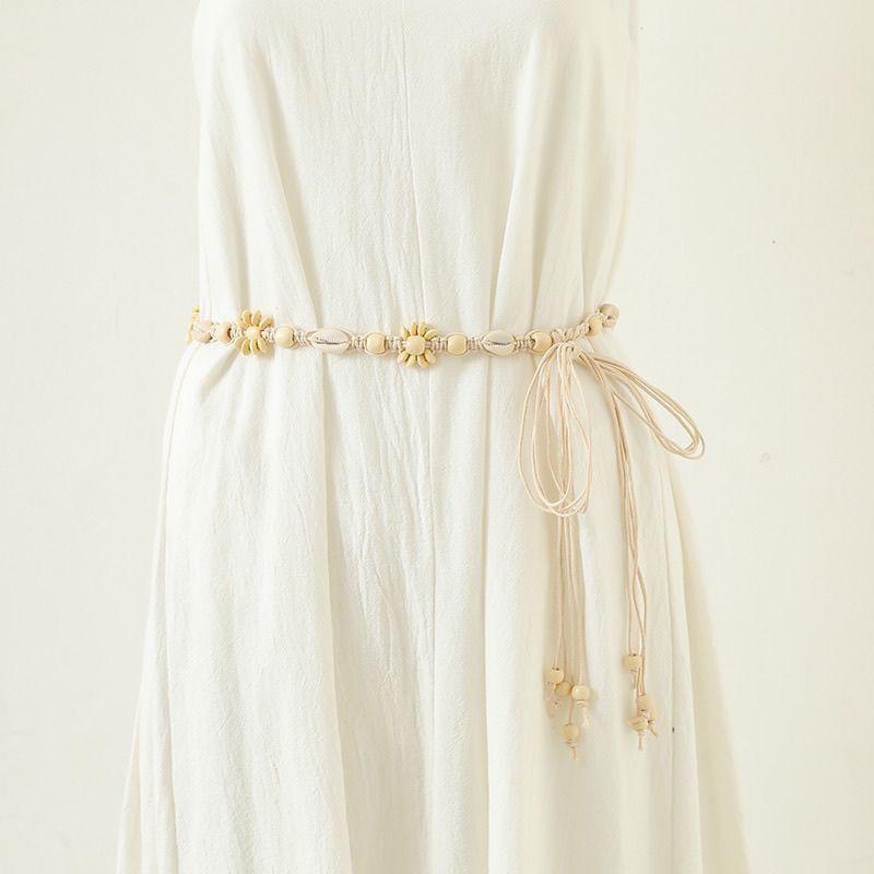 Boho Belt, Coconut Shell, Wood Beads, Hand-woven Natural Vacation Style Wax Rope for Women's Belt, Ethnic Style Waist Rope