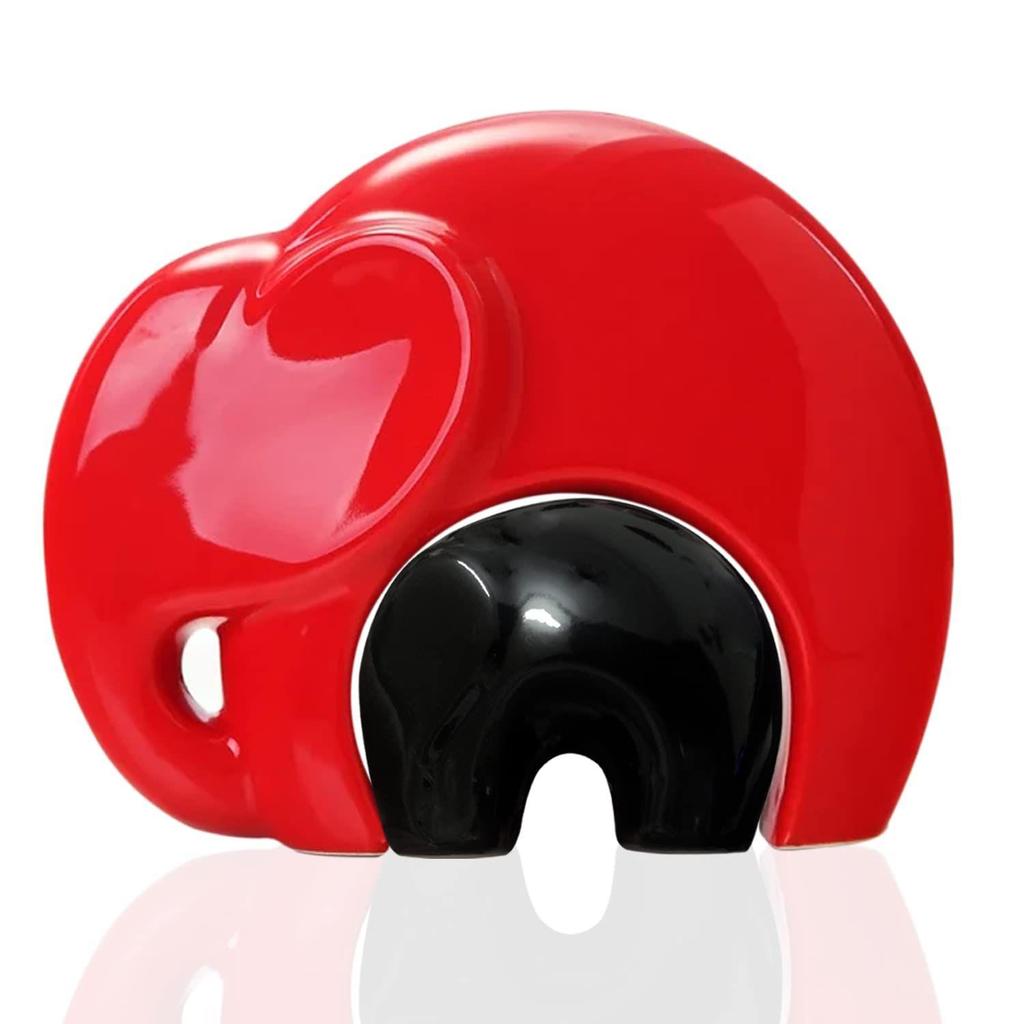 Home Décor Lucky Charm Elephant Mother & Child | Piano Finish Ceramic Figures - (Set of 2 Piece, Red and Black)