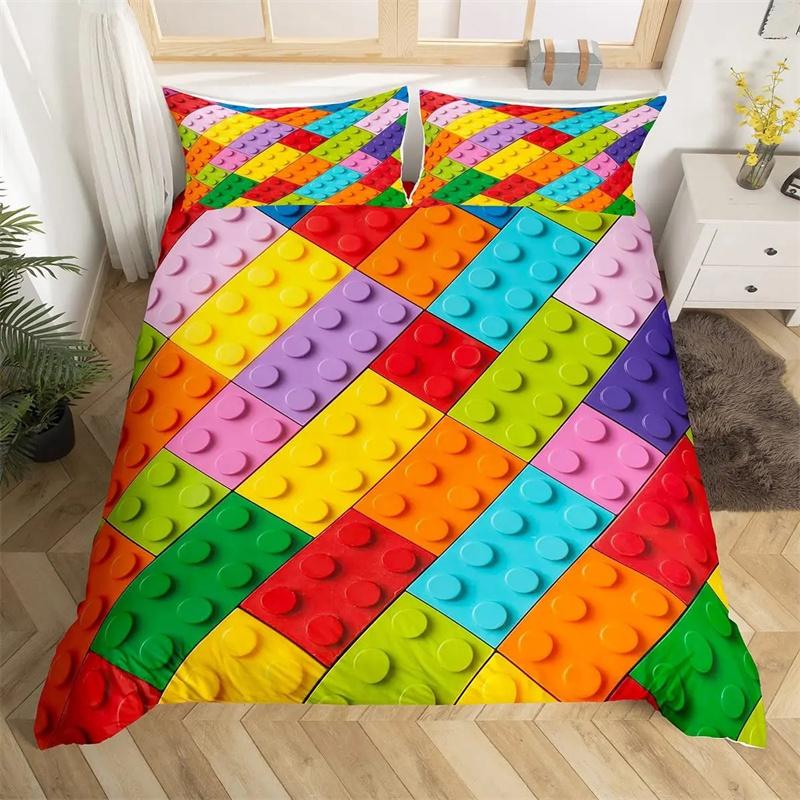 Colorful Toy King Queen Duvet Cover 3D Building Block Pattern Bedding Collection Fun Brick Quilt Cover Gradient Rainbow Comforter Cover