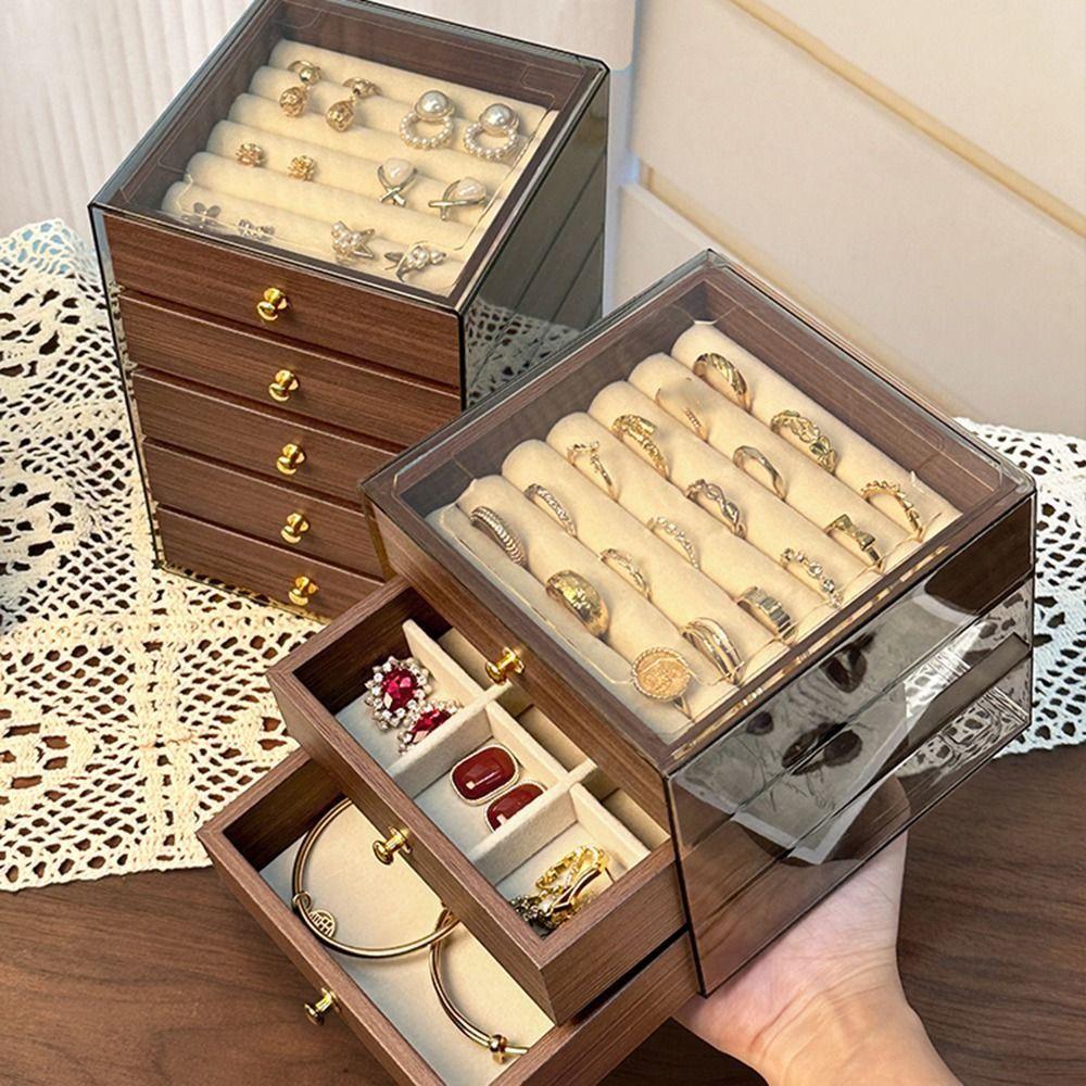 Large Capacity Wooden Walnut Grain Jewelry Box Dust-proof Necklace Display Storage Boxes  Gifts