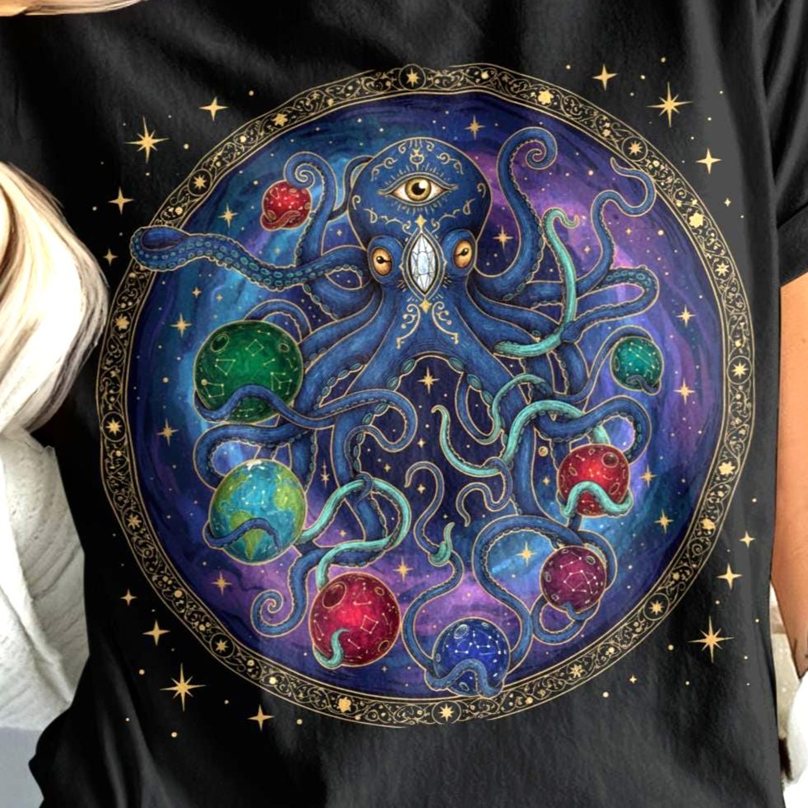 Cosmic Octopus Shirt | Celestial Spiritual Tee | Mystical Ocean Graphic | Sacred Universe Design S