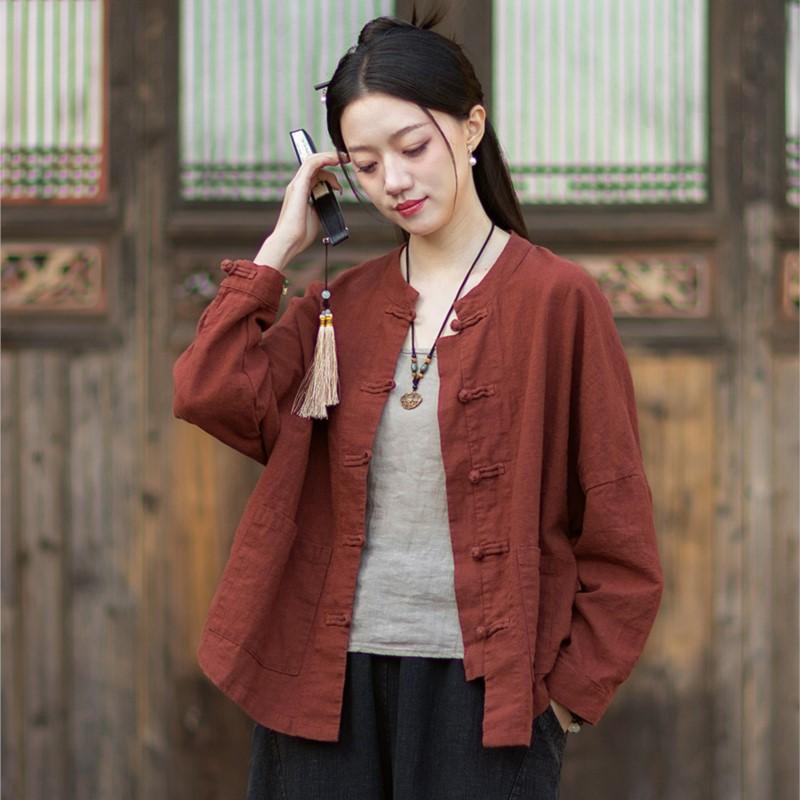

Johnature Women Vintage Shirts Tops Spring Chinese Style Solid Color Button Stand Long Sleeve Shirts One Size