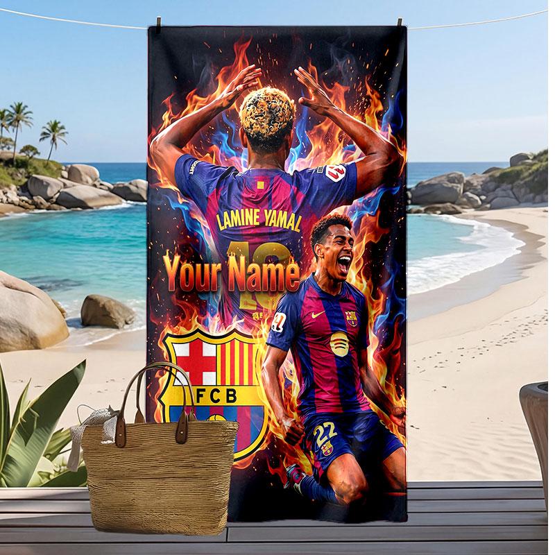 Lamine Yamal Personalized Printed Beach Towel Soccer Logo Support Custom Name Text Absorbent Towel For Sport Travel Special Gift