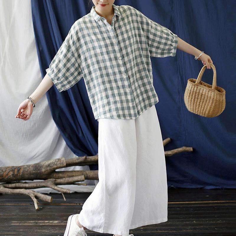 Johnature Women Plaid Shirts Tops Casual Half Sleeve Turn-down Collar Blouses Autumn Loose Shirts