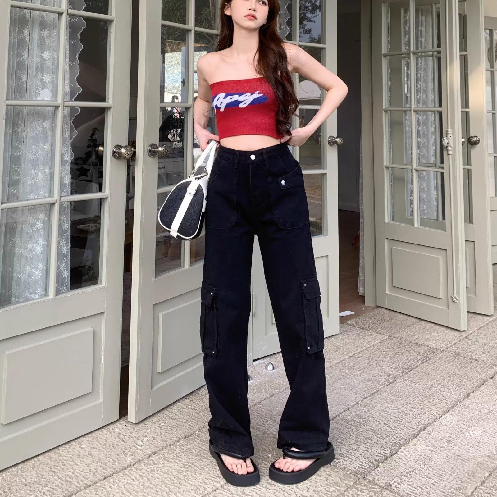 

Винтажные джинсы, женские весенне-осенние летние прямые брюки, широкие брюки больших размеров 5XL чёрный