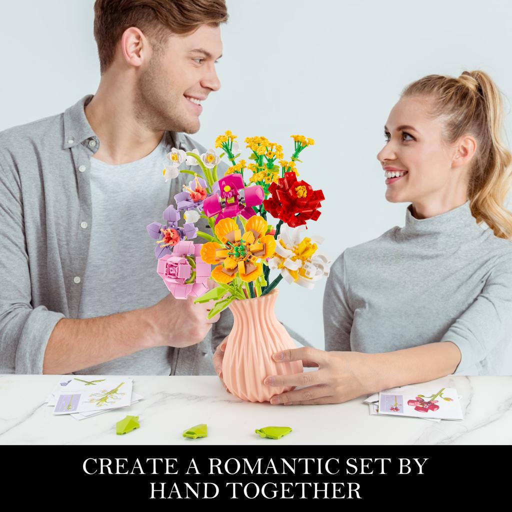 Netoxické 756 ks Kytice umělých květin Stavebnice s vázou DIY Plastové květiny Cihličky Dětské hračky Dětský dárek Domácí dekorace