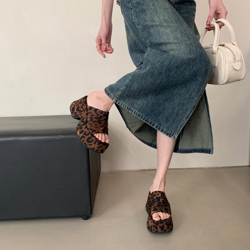 Summer Fashion Open Toe Leopard Print Platform Wedge Woman Slippers Chunky Heels Shoes Zapatos De Mujer
