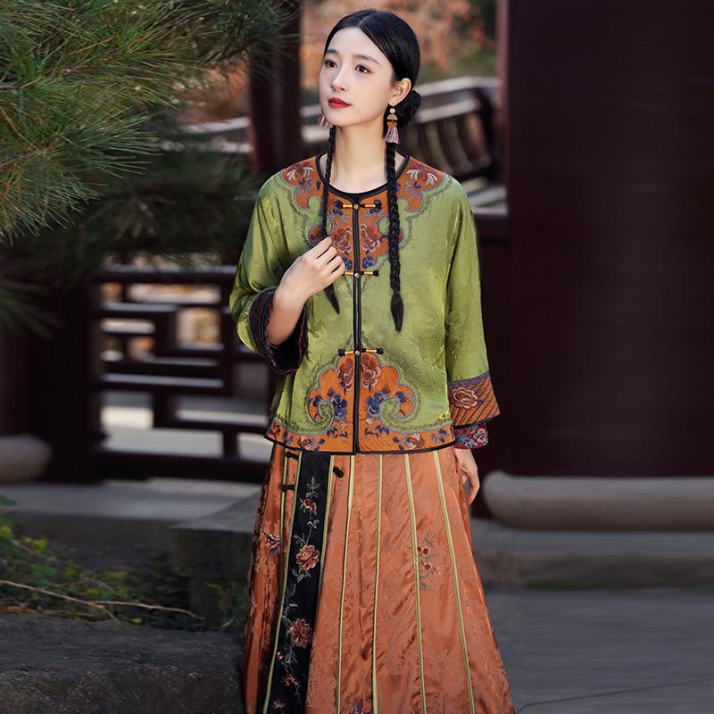 Premium Ethnic-Style Embroidered Satin Jacquard Coat with Frog Button