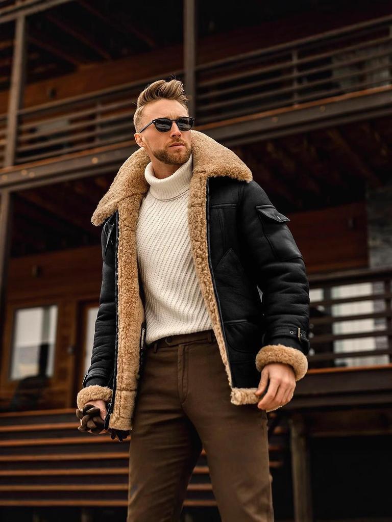 Men's Winter Large Size Warm Leather Jacket with Thick Fur Lining