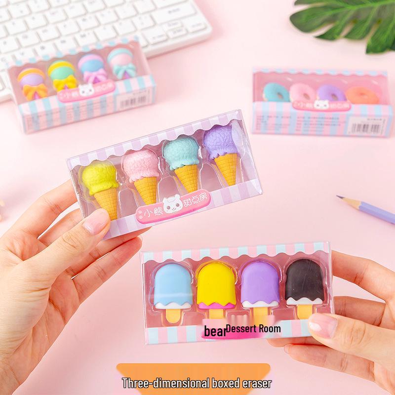 Creative Student Eraser Set: Ice Cream, Cake & Hamburger Cartoon Stationery Gift