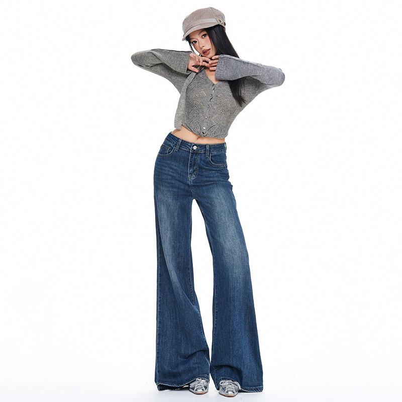 American retro blue non-stick leg slightly pulled jeans women's autumn new high-waisted loose wide-leg flared pants