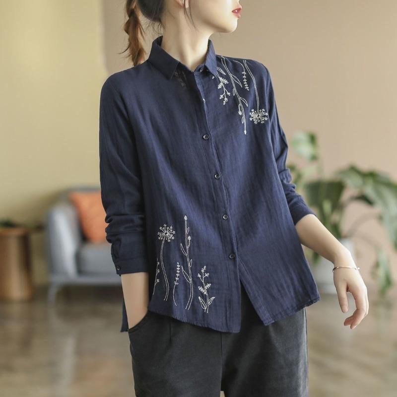 Damen Leinen Bluse mit Blumenstickerei Lockerer Schnitt Knöpfe Langarm