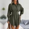 Women Autumn Winter High Waist Asymmetric Dress Shirt Solid Color Lantern Sleeve Lapel Neck Dress