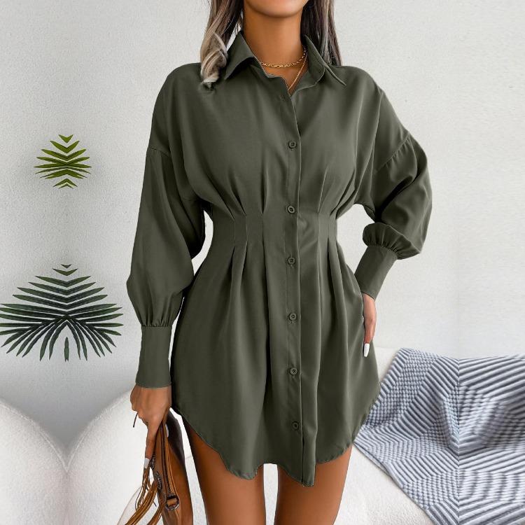 Women Autumn Winter High Waist Asymmetric Dress Shirt Solid Color Lantern Sleeve Lapel Neck Dress