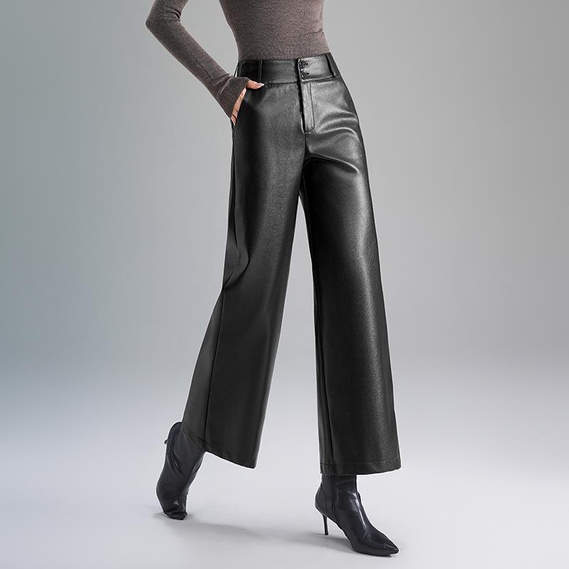 Pantaloni de damă din piele de oaie cu talie înaltă Toamnă/Iarnă 2025: Casual, Larg, Drapat Stil Drept cu Picior Larg Lungime Nouă Puncte
