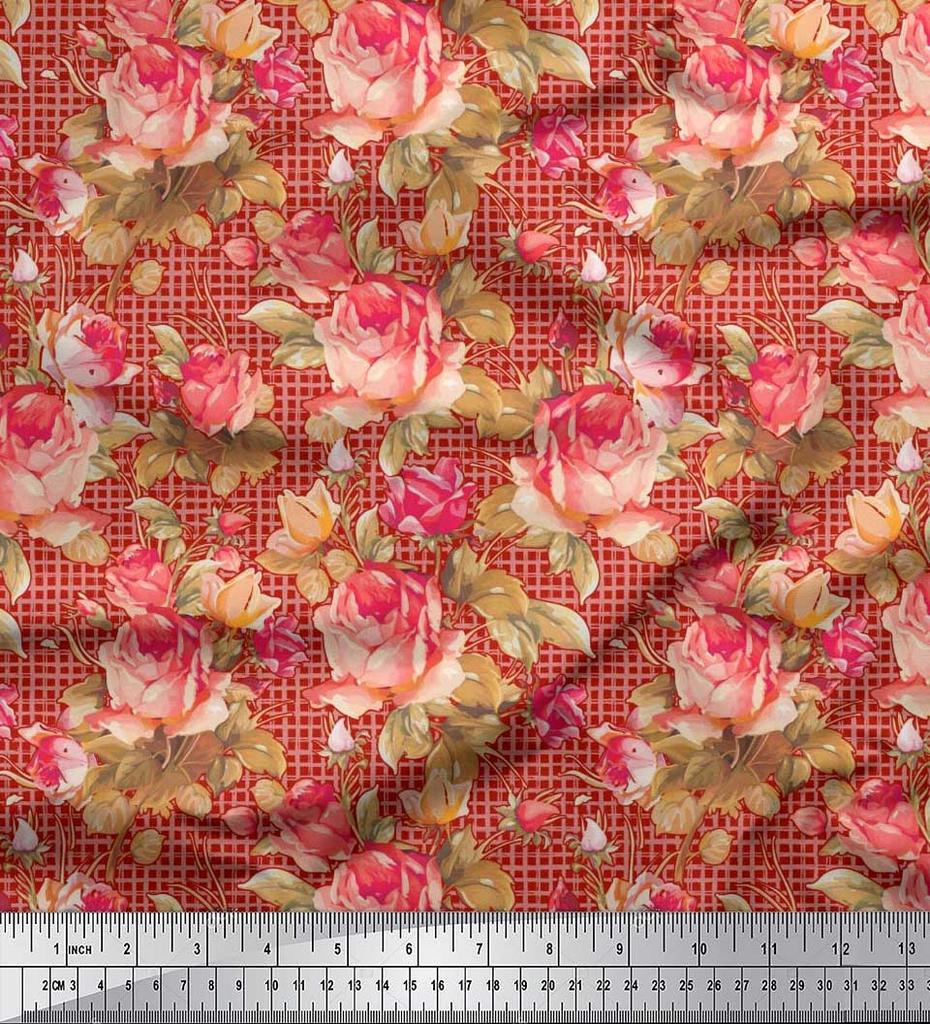 Soimoi Japan Crepe Satin Stoff Sjekk, Blader & Rose Blomstertrykk Sy Stoff meter 42 tommer