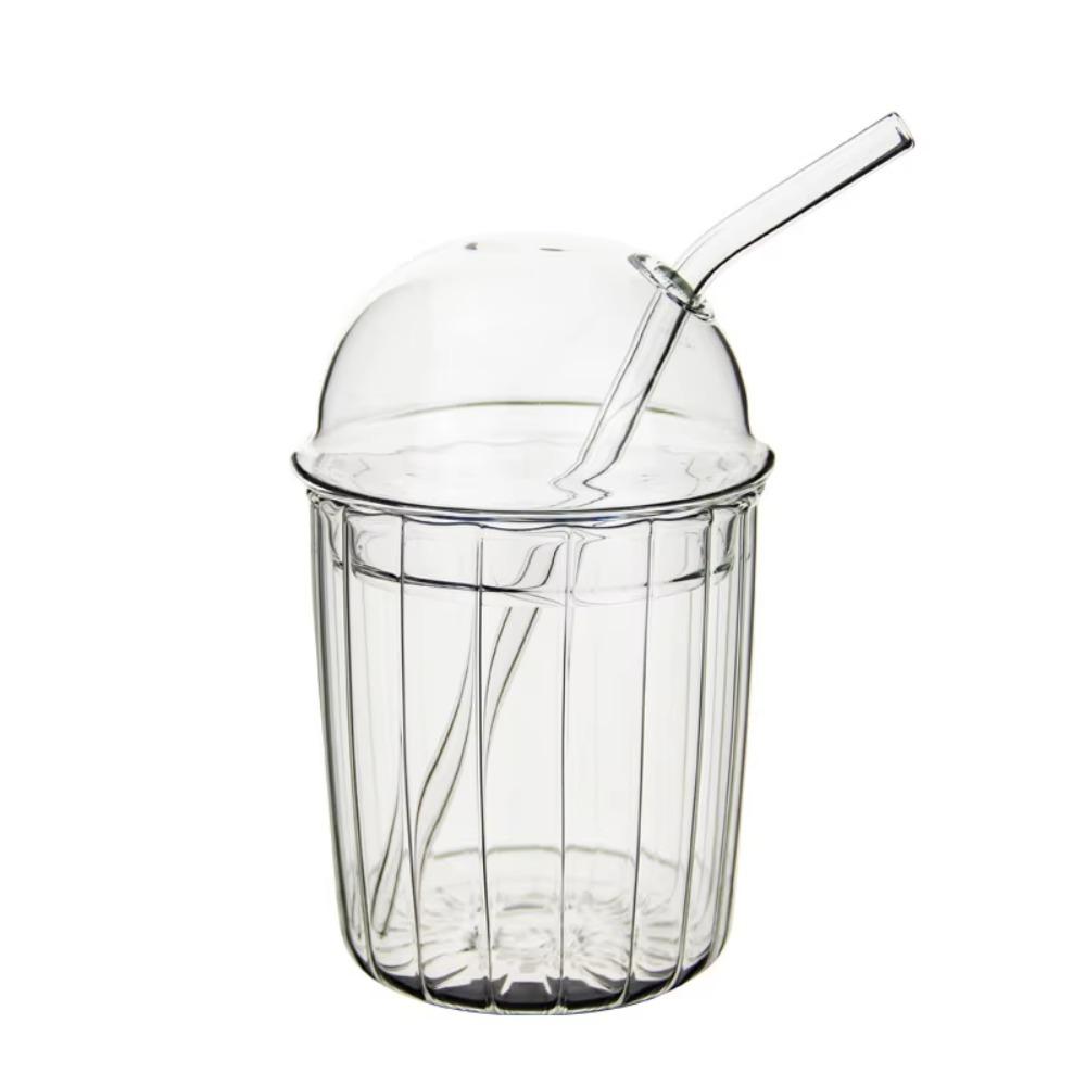 Clear Glass Straw Cup Dome Lid Drinking Cup Drinkware Milk Tea Cup  Coffee
