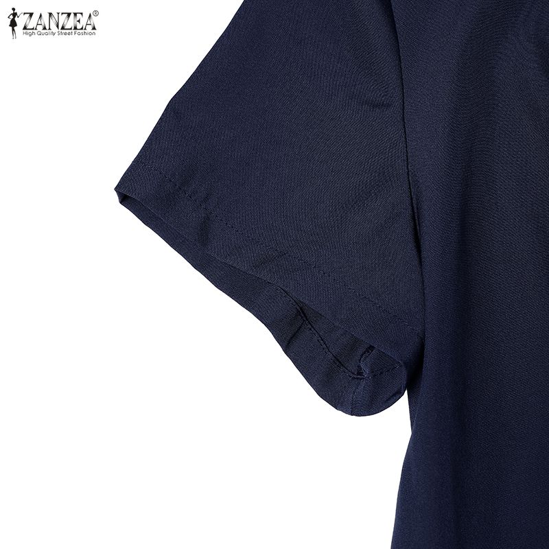 ZANZEA Women Casual Round Neck Solid Color Short Sleeve Summer Pleated Dress