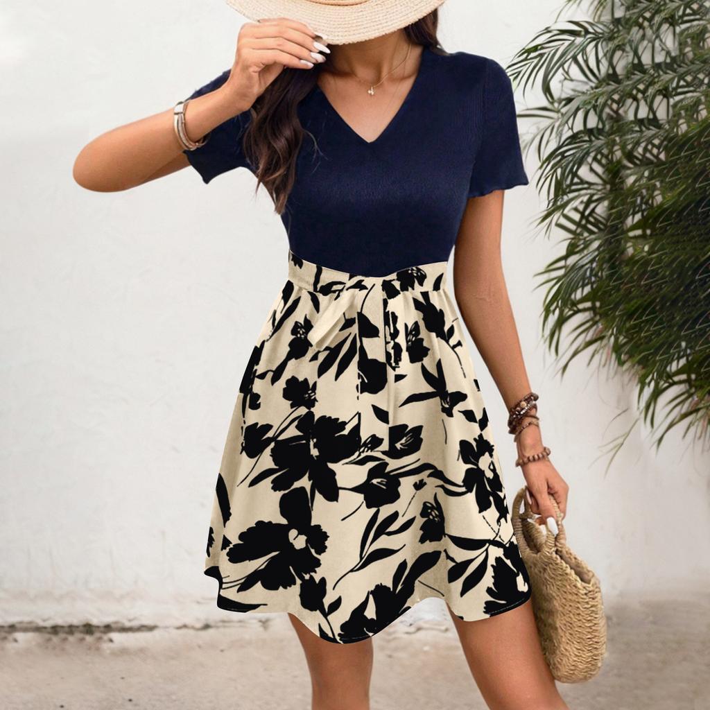Women's Summer Casual V-neck Dress, Bohemian Floral A-line Dress