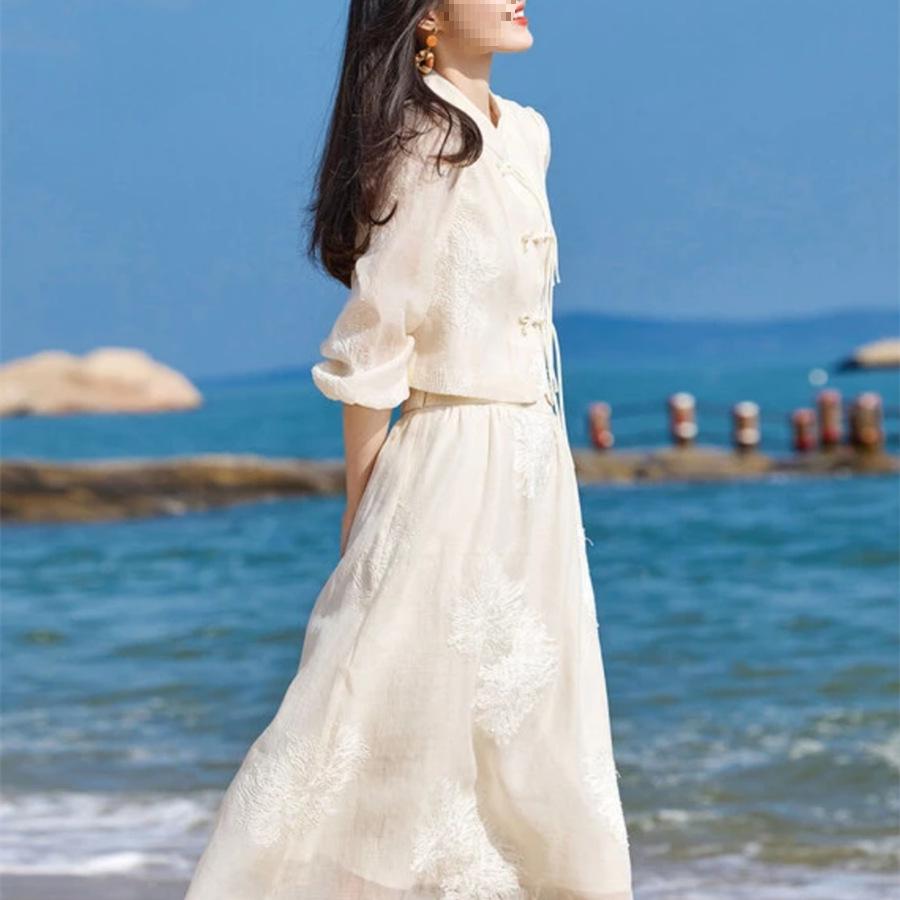 Embroidered Cheongsam Style Top and Skirt Set - Chinese Stand Collar, Button-Up, Two-Piece Spring/Summer Outfit