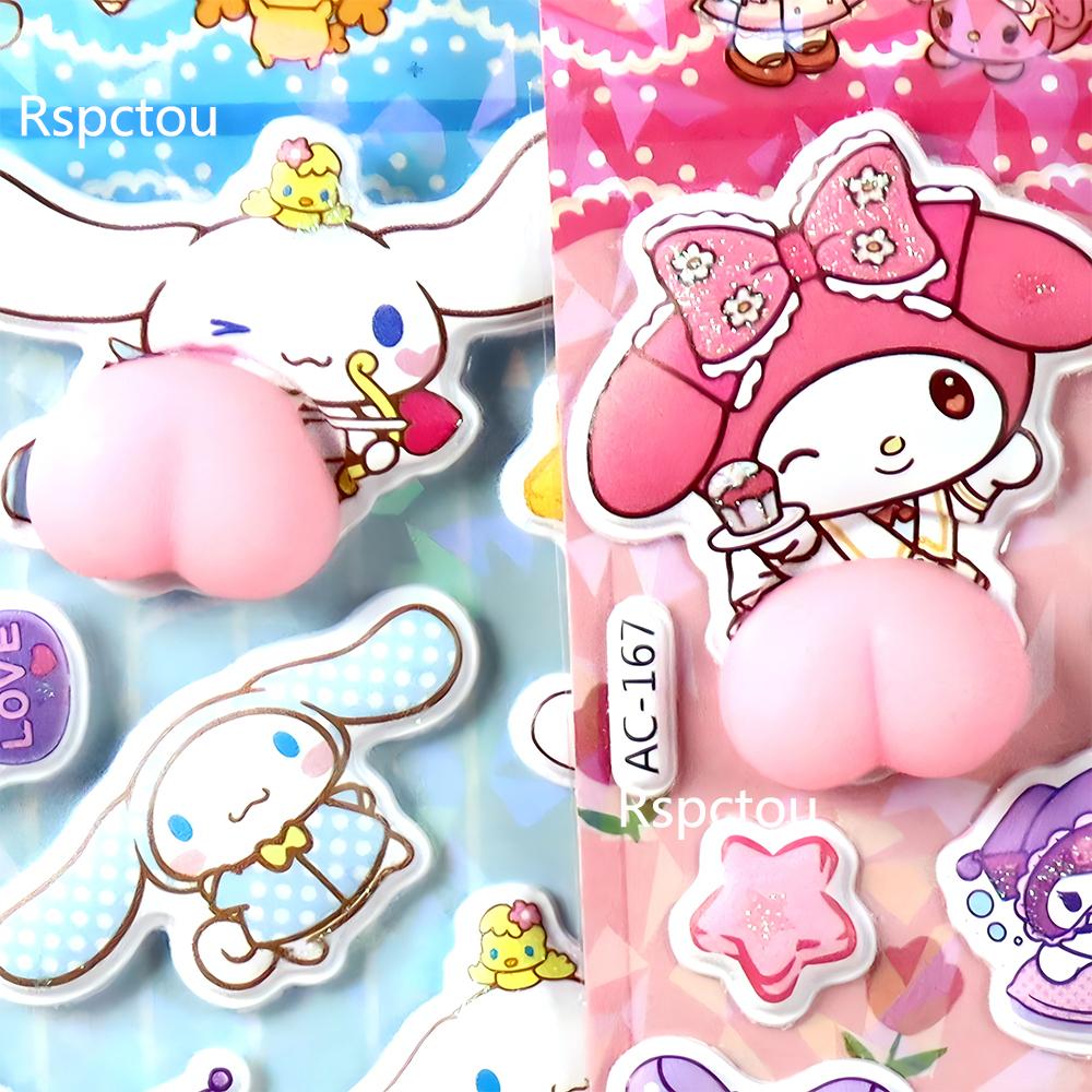4pcs Cute Sanrio Butt 3D Relief Stickers Kuromi Melody Creative Squeeze Decompression Toy Decals Guitar Phone Notebook Sticker