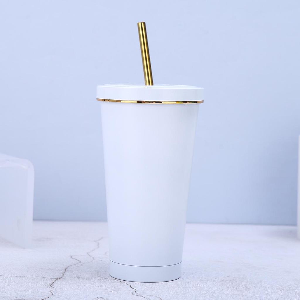 In Stock 304 Stainless Steel Straw Cup with Gold Rim - Portable Outdoor Thermos for Car Use