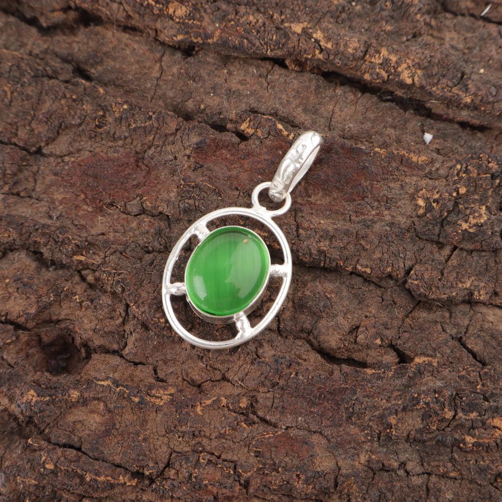 Green Cat'S Eye Gemstone 925 Sterling Silver Artisan Wedding Sisters Day Pendant PP-6-41