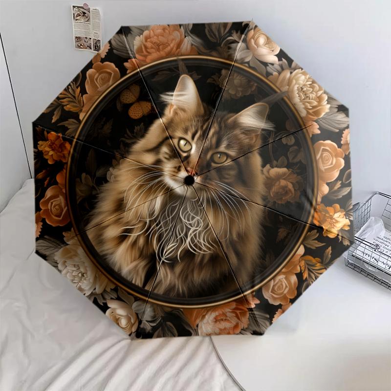 Cats and Flowers pattern, automatic folding umbrella, portable and foldable design, 8 ribs, a Christmas or birthday gift.