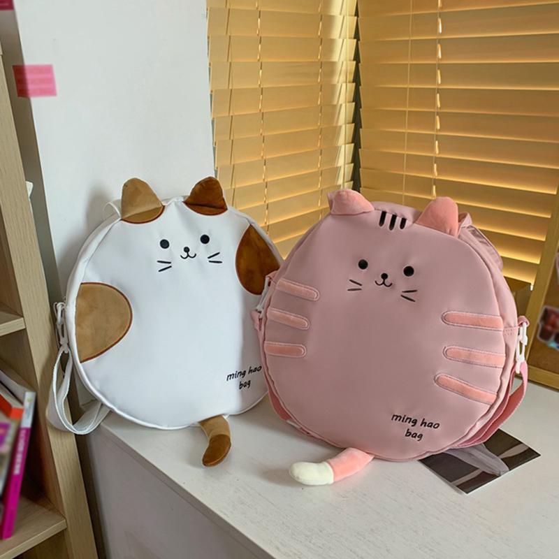 2025 New Leisure Fashion Embroidered Large Capacity Shoulder Bag Cute Cartoon Cat Commuter Canvas Small Round Bag