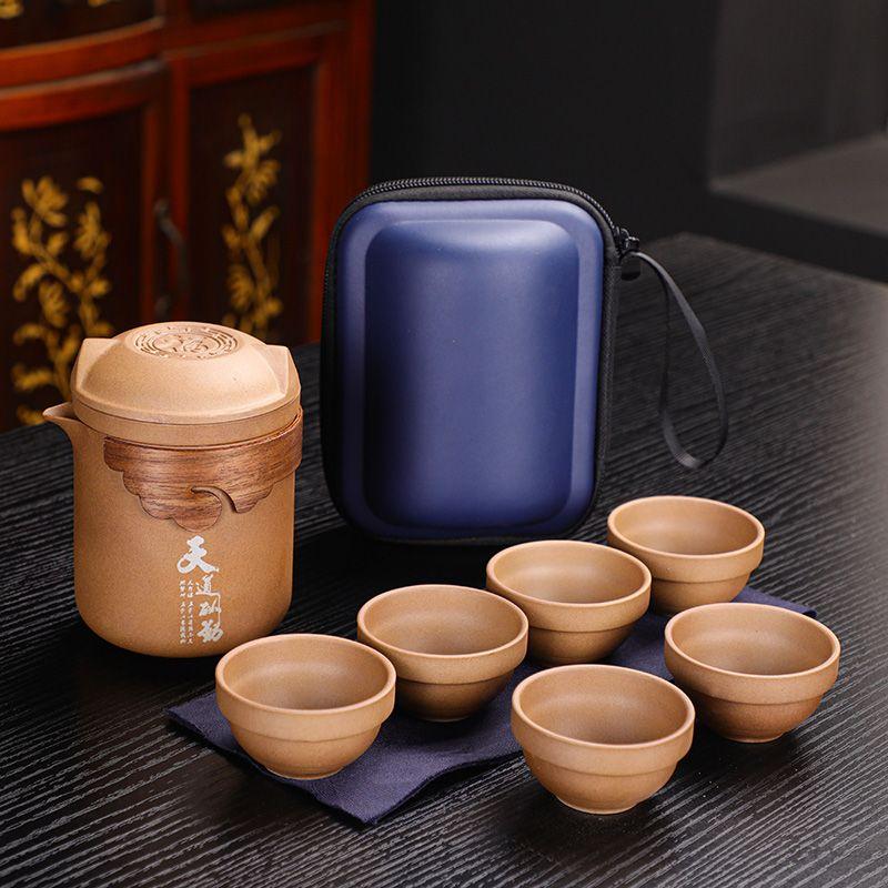Ceramic Travel Kung Fu Tea Set Portable Travel Cup Outdoor Camping Tea Pot Tea Cup One Pot Six Cups