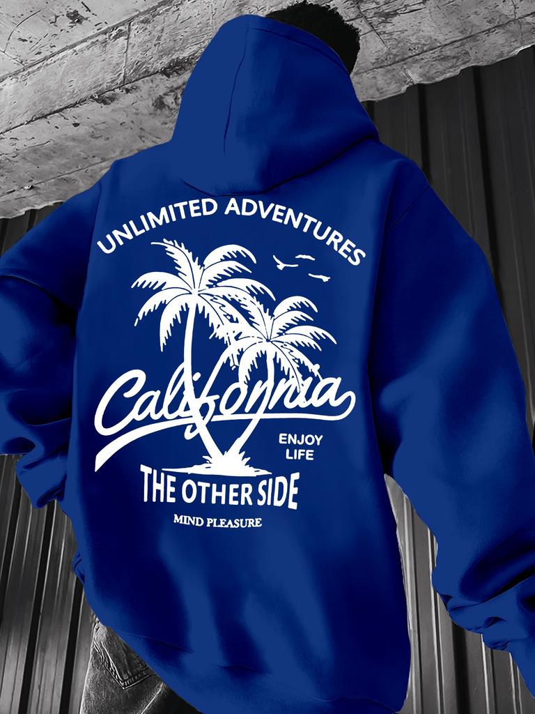 Vacation Style Hip Hop Sweatshirt For Men, California Seaside Scenery Letter Slogan Back Design, Soft Skin Friendly Daily Sports Hoodie