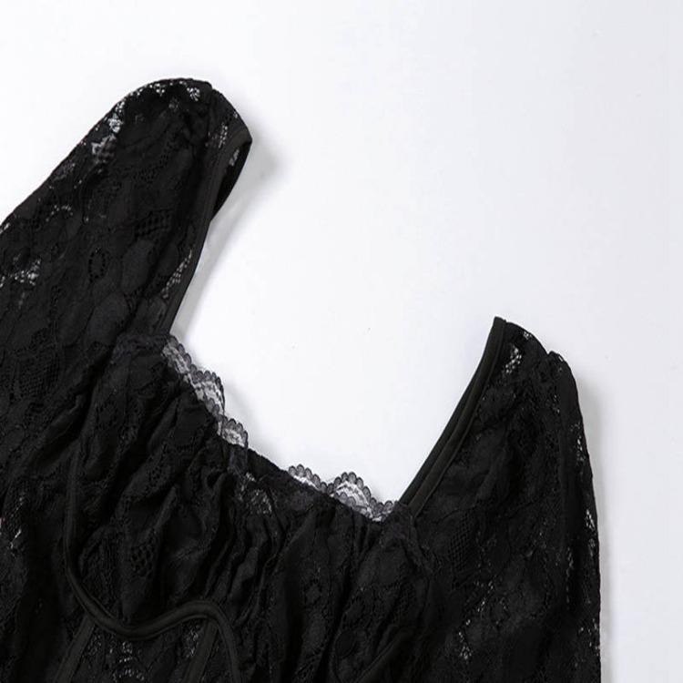 Sexy Backless Long Split Lace Dress for Women Square Collar Three Quarter Sleeve Summer Solid Dress