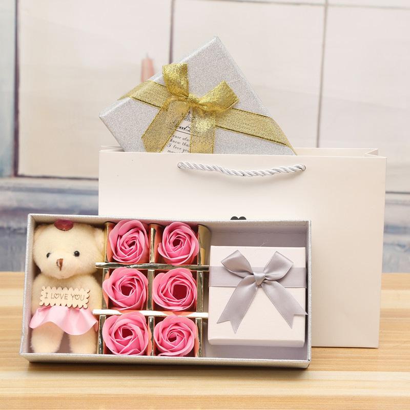 6pcs Romantic Rose Bear with Gift Box Soap Flower Heads Artificial Flowers Bathing Petals Box For Valentine's Day Wedding Gift