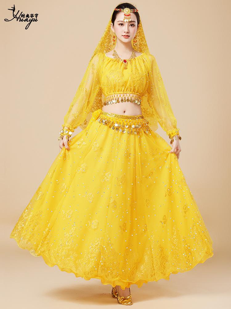 Fantasia de Apresentação de Dança do Ventre Indiana Huayu - Conjunto de Vestido de Manga Comprida de Chiffon para Mulheres