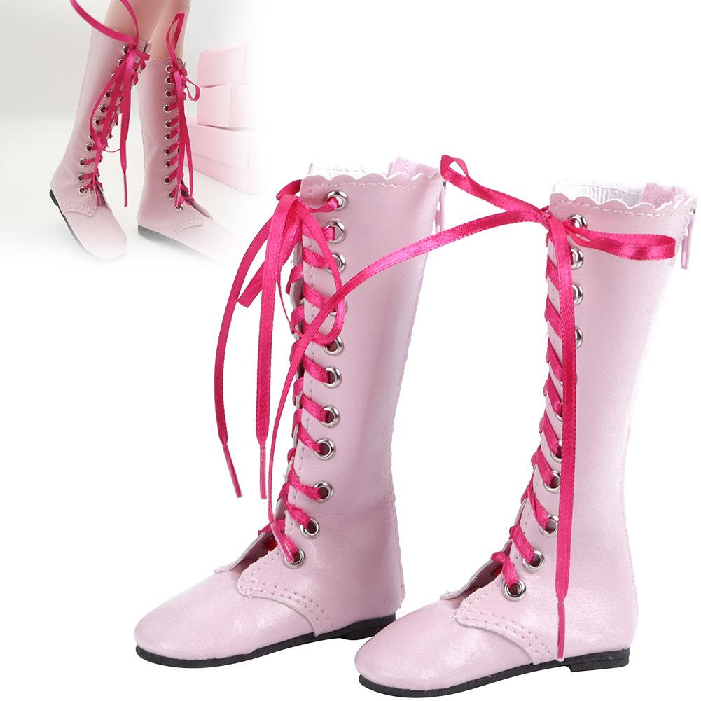 60cm Doll Lace Up Boots Girls Kid Exquisite Doll Boots Shoes Children Toy Accessory(Flat Boots Pink )