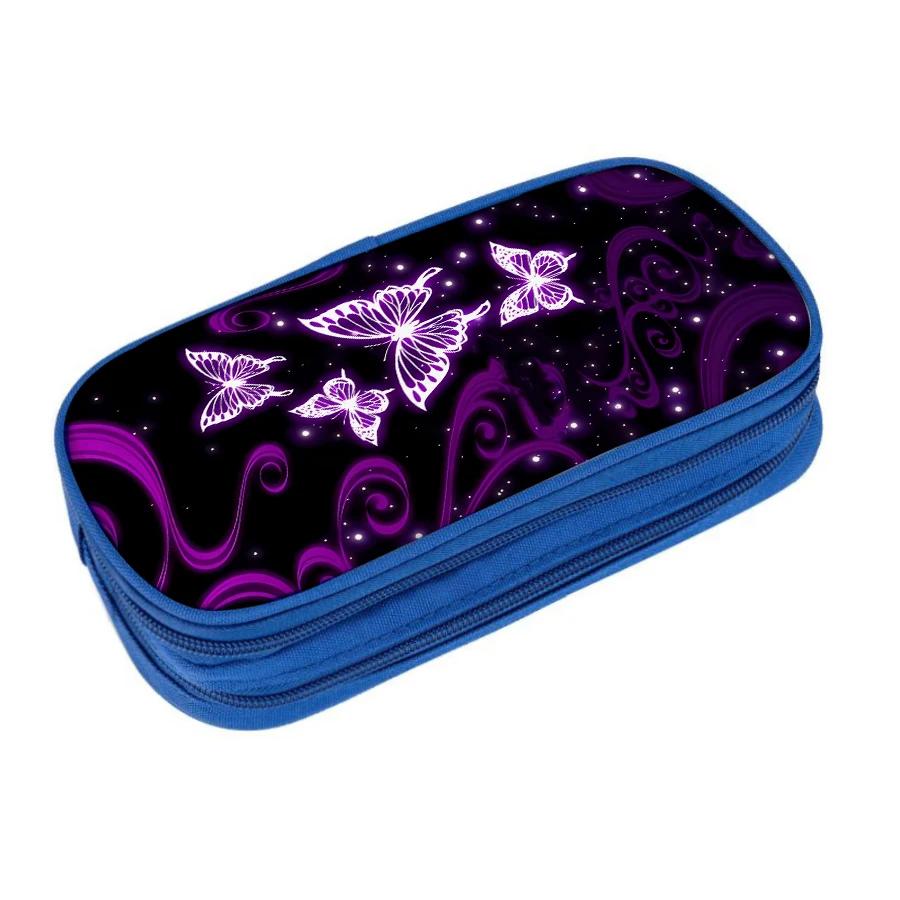 Purple Butterfly Pattern 3D Cartoon Pencil Case Multifunctional Double Layered Leather Pen Case Best Gift for Boys and Girls