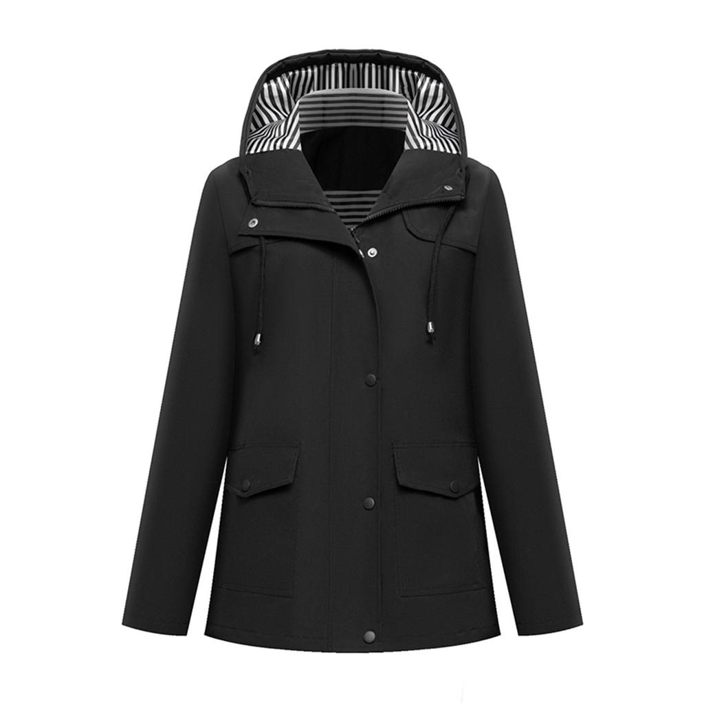 Dámský módní jednobarevný s dlouhým rukávem s kapucí a kapsami outdoorový turistický oblek voděodolná bunda