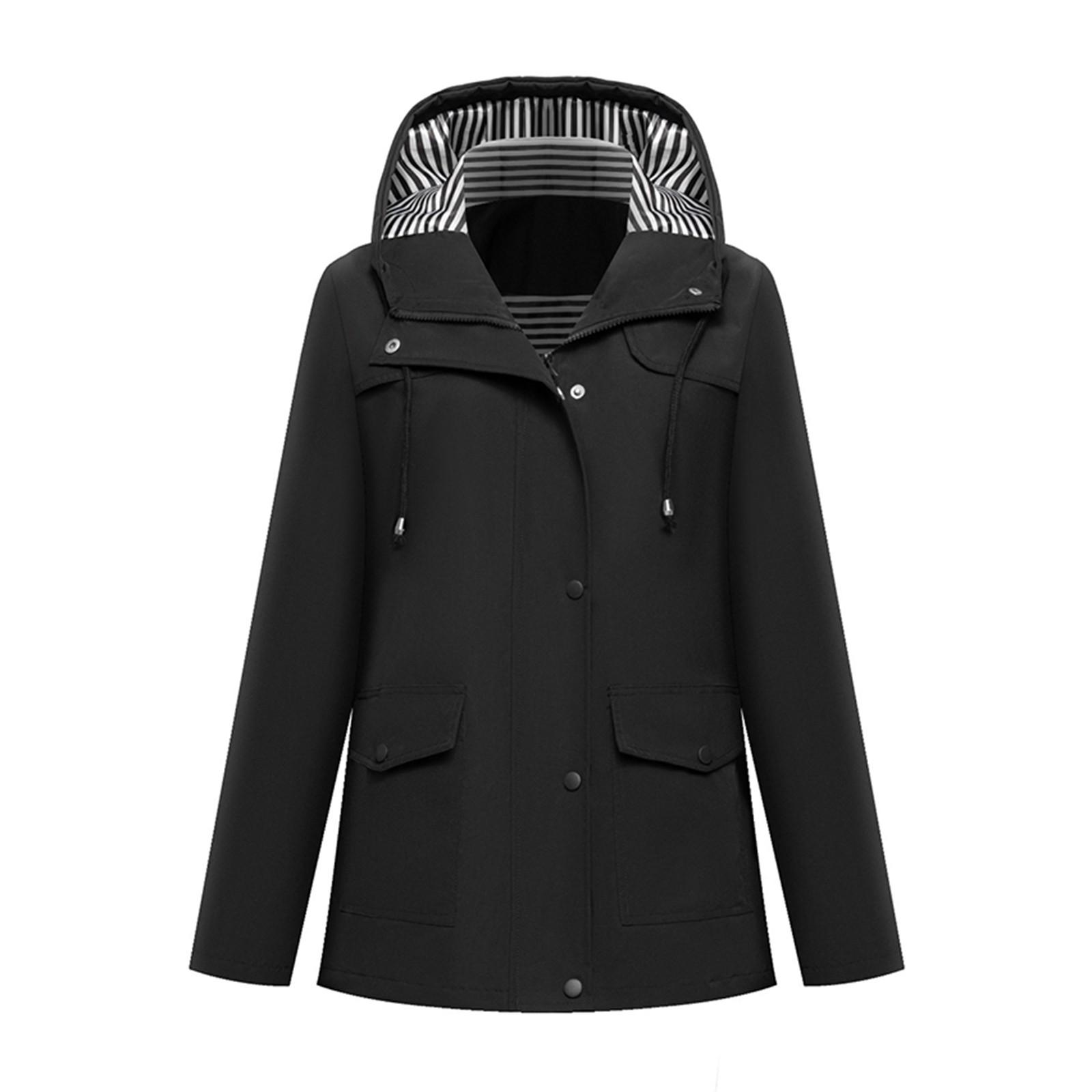 

Women s Fashionable Solid Color Long Sleeved Hooded Pocket Outdoor Hiking Suit Waterproof Jacket M чорний