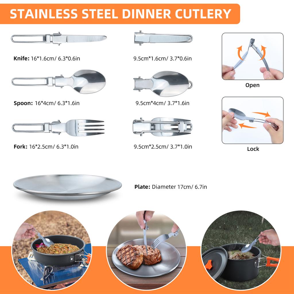 Outdoor Camping Kochgeschirrset Tragbares Picknick-Geschirr Bratpfanne Suppentopf Kessel Teller Messer