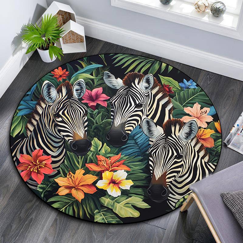 

Zebras in Tropical Flowers Round Area Rug,Carpet Rug for Living Room Bedroom Sofa Playroom Decor,Non-slip Floor Mat 80cmx80cm