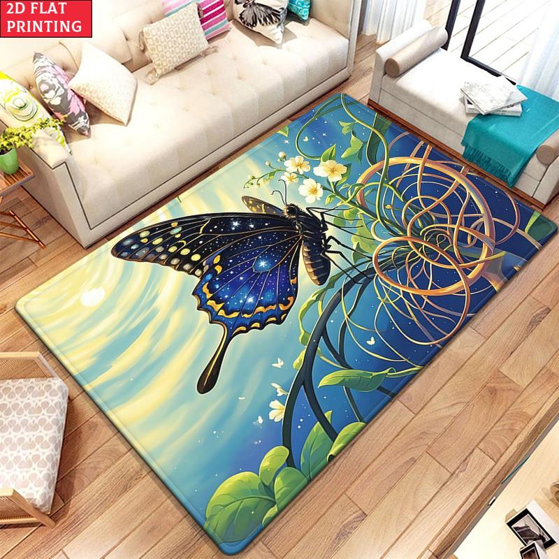 Galaxy Starry Sky Butterfly Area Rug, Non-Slip Floral Print Carpet for Living Room Bedroom, Aesthetic Boho Floor Mat Home Decor