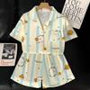Little Fresh Self-Deprecating Bear Pajamas Women'S Summer Sweet Cartoon Striped Short-Sleeved Ice Silk Loungewear Suit