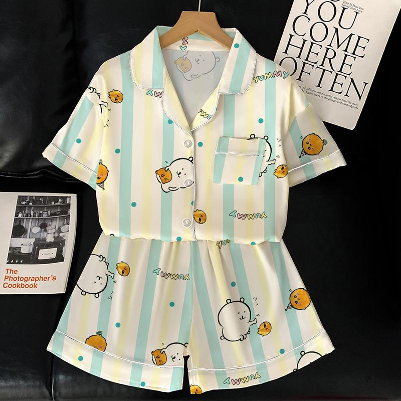 Little Fresh Self-Deprecating Bear Pajamas Women'S Summer Sweet Cartoon Striped Short-Sleeved Ice Silk Loungewear Suit