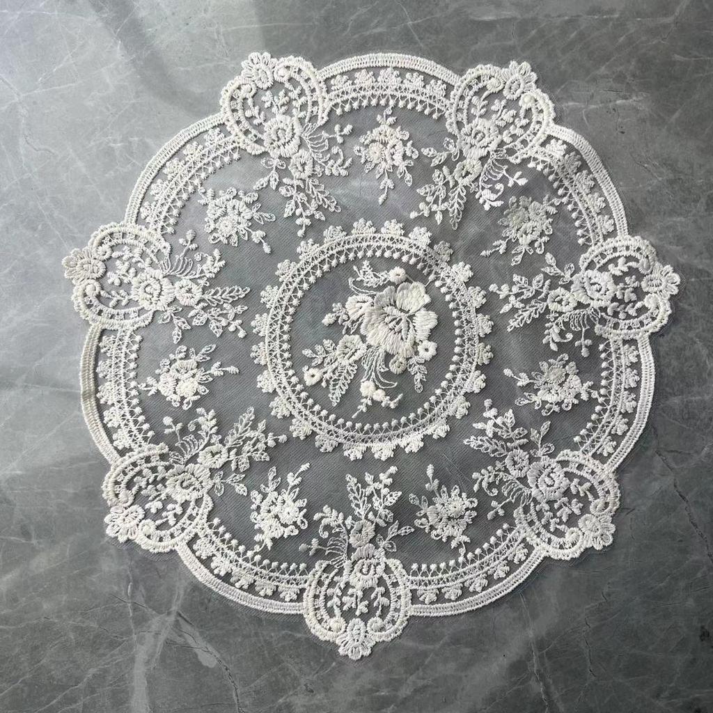 Beautiful White Embroidery Coffee Cup Mat 33cm Round Floral Lace Mat Vase Coffee Cup Mat Home Decoration
