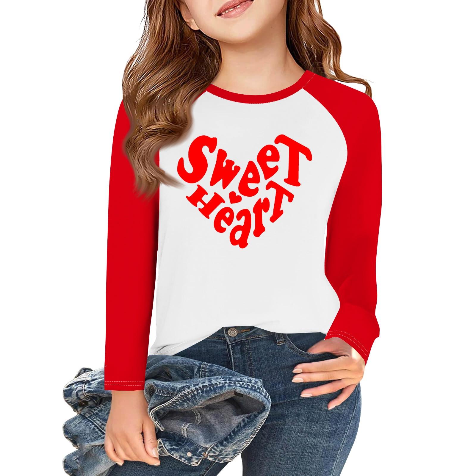 

Футболки с длинным рукавом для девочек Love ко Дню святого Валентина, детские осенние топы с круглым вырезом, базовые футболки для детей 5-14 лет 6