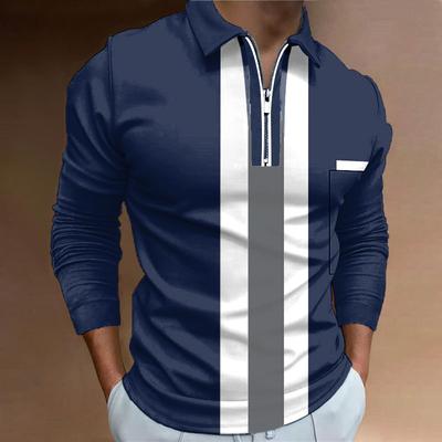 Polo Gömlek Erkekler Uzun Kollu Moda Mavi ve Beyaz Baskı Yeni erkek Polo Gömlek Uzun Kollu Fermuarlı Tişört Üst