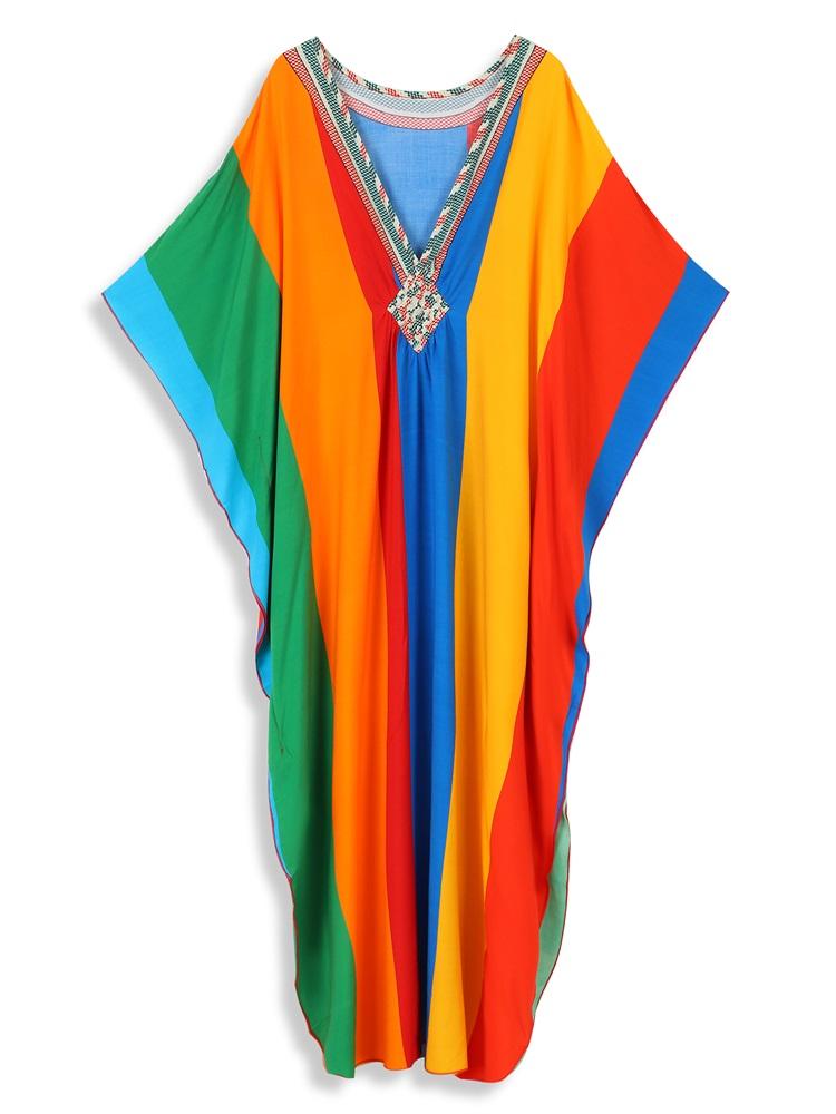 EDOLYNSA Flag Color Printed Boho Hand-knit V Neck Bat Sleeve Beach Dress 2024 Summer Women Loose Kaftan Beachwear Swimsuit Cover Up